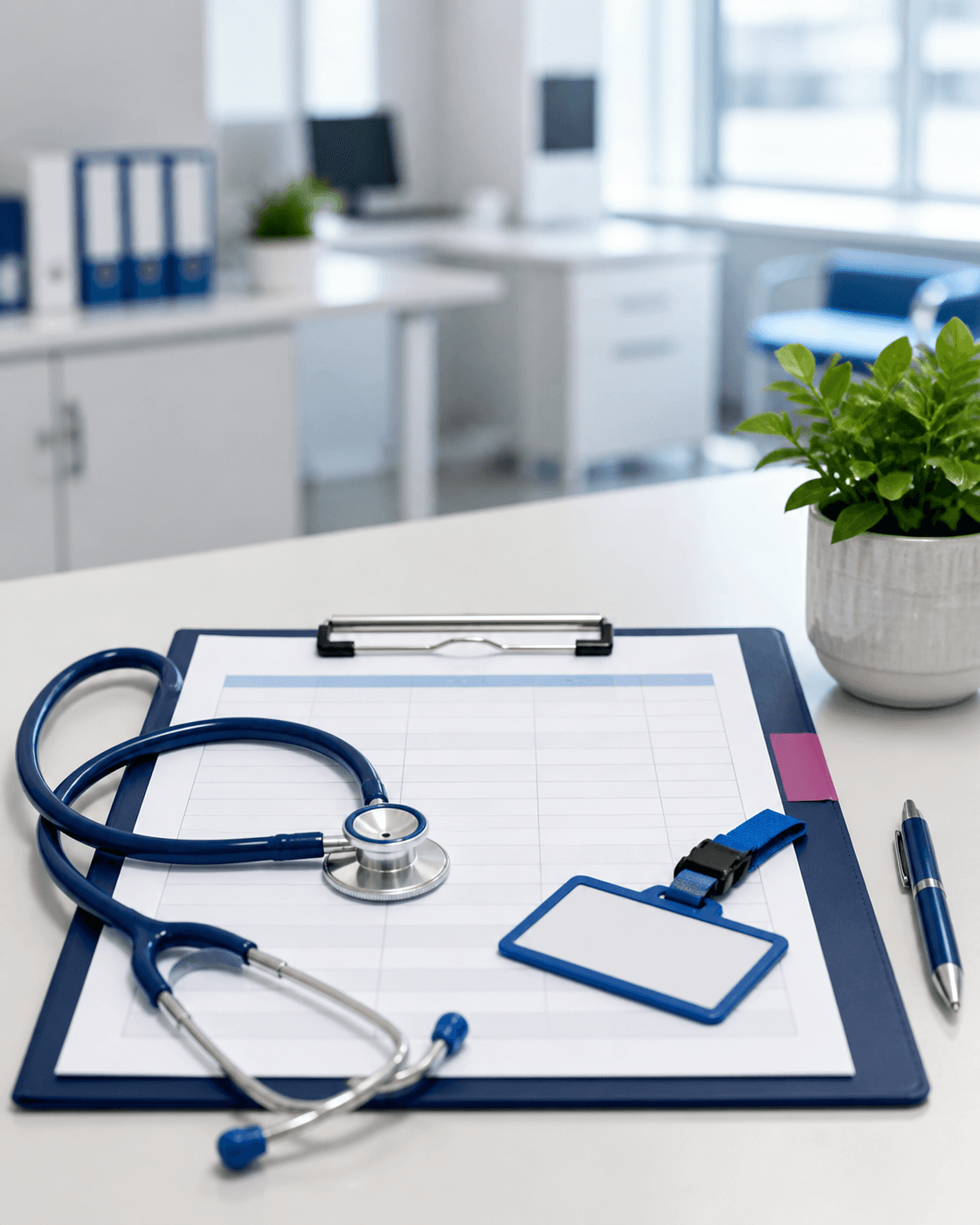 Healthcare staffing clipboard and stethoscope in a clinical office